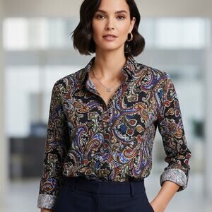 Vintage Dark Academia Moody Paisley Blouse w/ Coppertone Buttons and Epaulettes